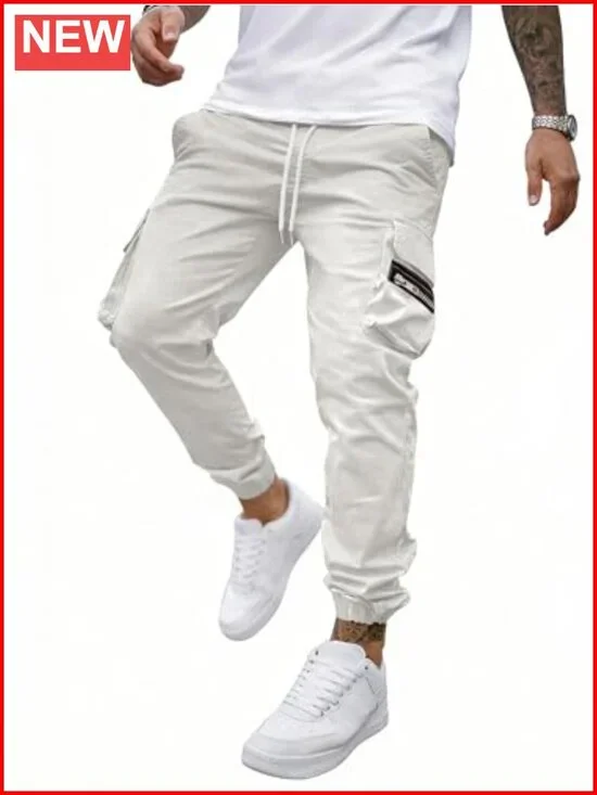 Tapered Cargo Joggers with Zipper Pockets - 6 Pockets, Drawstring Waist