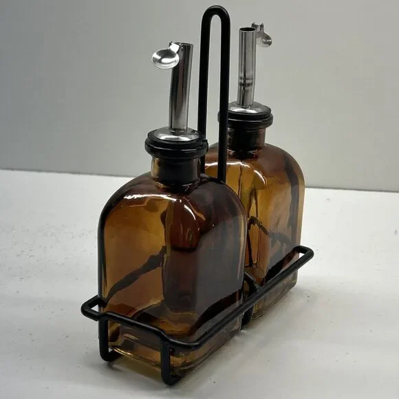 Set Of 2 Vintage Amber Bottles With Holder - Beautiful Design‎