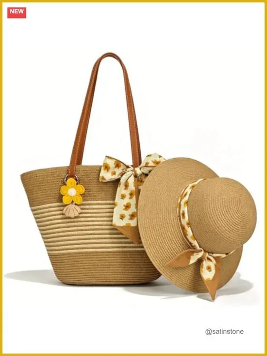 Straw Wide Brim Sun Hat & Woven Bag Set with Clip