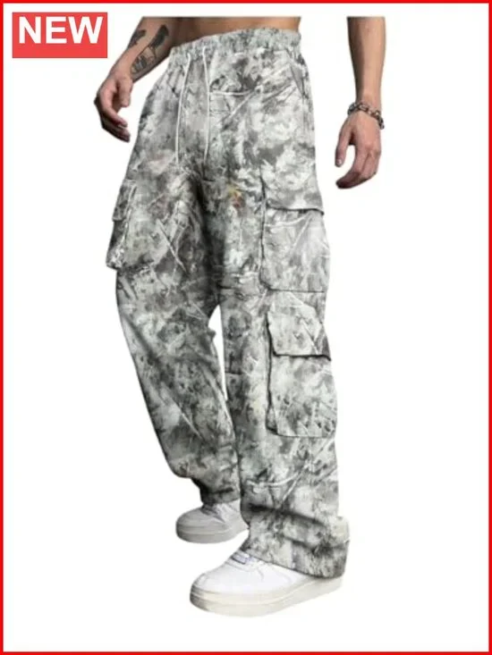 Elastic Waist Camo Baggy Cargo Pants with Drawstring