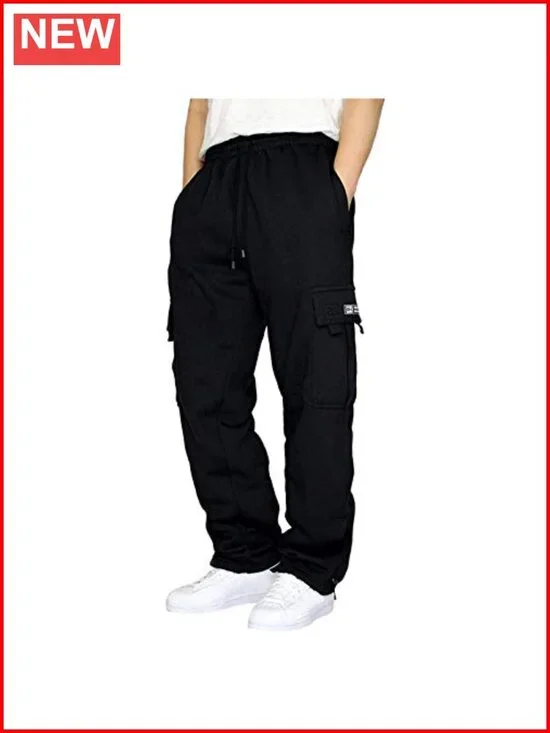 Men's Cargo Sweatpants Fleece Jogger with Pockets Open Bottom