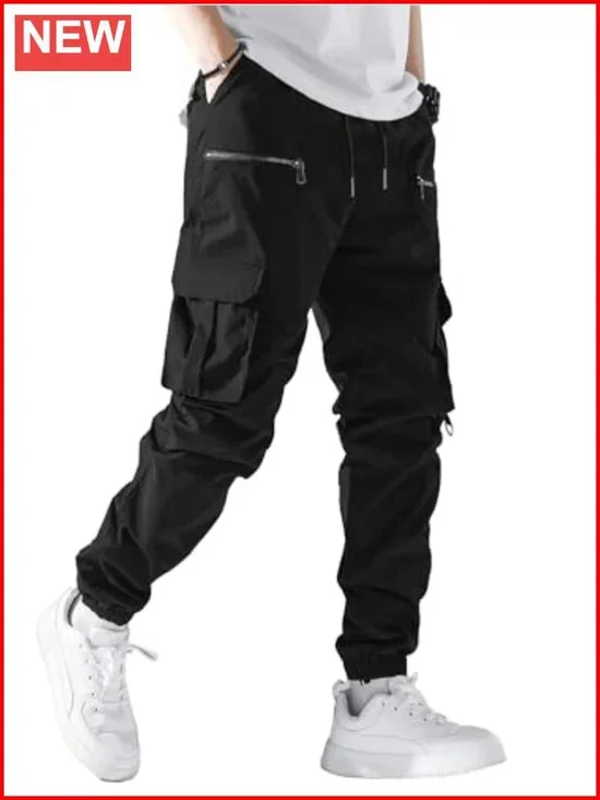 Men's Casual Cargo Pants Elastic Waist Drawstring Joggers Multi Pockets