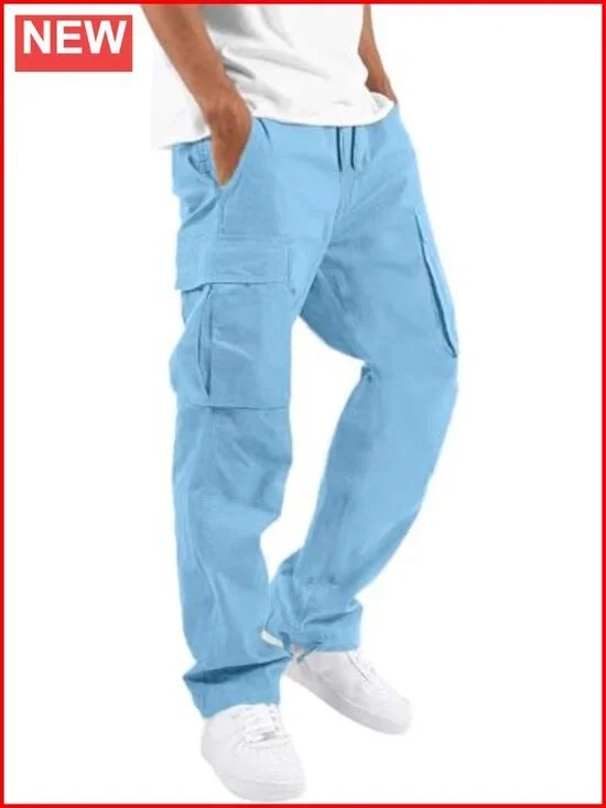 Mens Cargo Pants Drawstring Casual Hiking Joggers Cotton Loose Straight