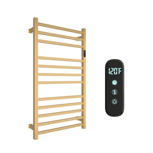 12 Bar Heated Towel Warmer Rack Brushed Gold Wall Mount Timer Adjustable Temp
