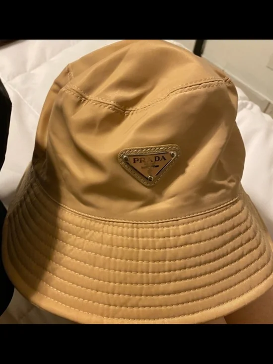 Beige Nylon Bucket Hat with Triangle Logo- Designer Inspired