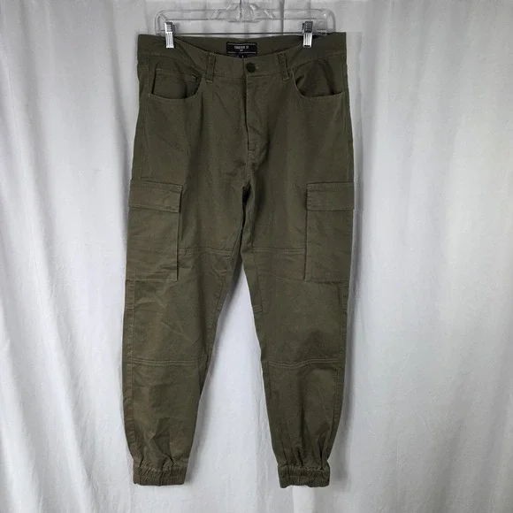 Forever 21 Pants Mens Medium Green Canvas Cargo Joggers Stretch Pockets Casual