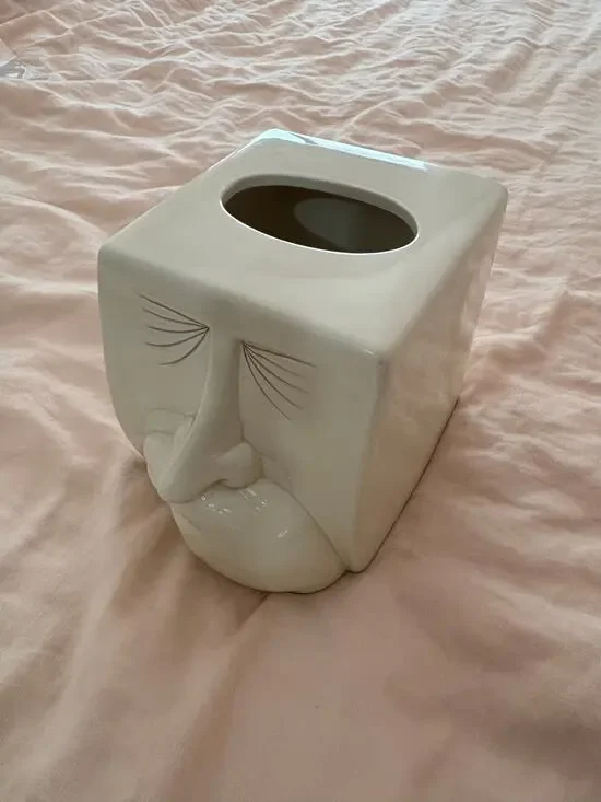 Vintage Ceramic Face Tissue Box Holder Avant Garde Fitz and Floyd Sneeze weird