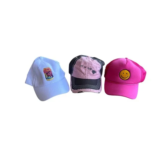 Lot of 3 Womens Hats La Croix Hawaii Otto Smiley Face Pink White OSFM Cotton