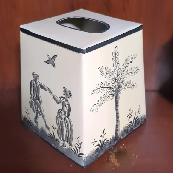 Vintage French Toile Metal Tissue Box Cover Quimper Style Black Cream MCM