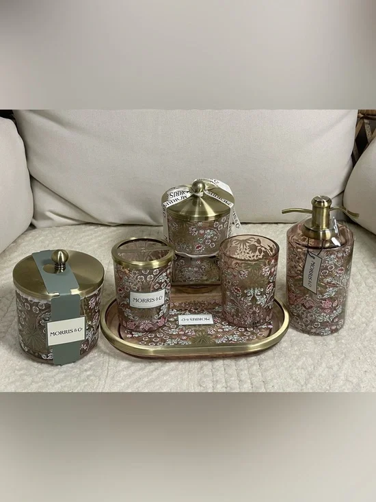 Morris & Co. Floral Bathroom Set - Pink & Gold bathroom accessories set of 6