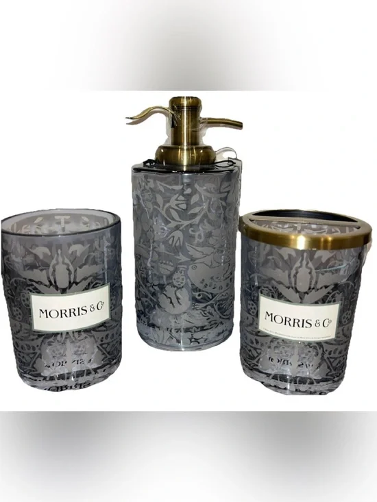 Morris & Co Strawberry Thief Tumbler Soap Pump Toothbrush Holder Etched Blue 3pc