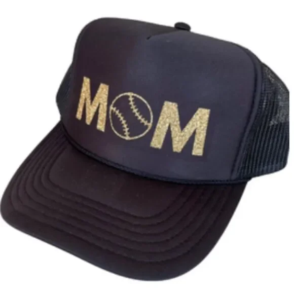 Gold Glitter Baseball Mom Trucker Hat Black Snap Back - Mesh Backing BRAND NEW