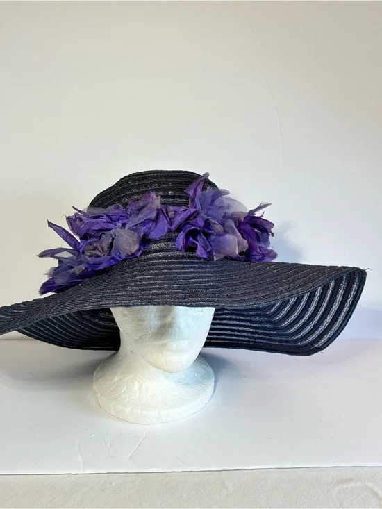 Dramatic Navy Wide Brim Sun Hat Purple Flowers Tea Party Derby Statement Hat