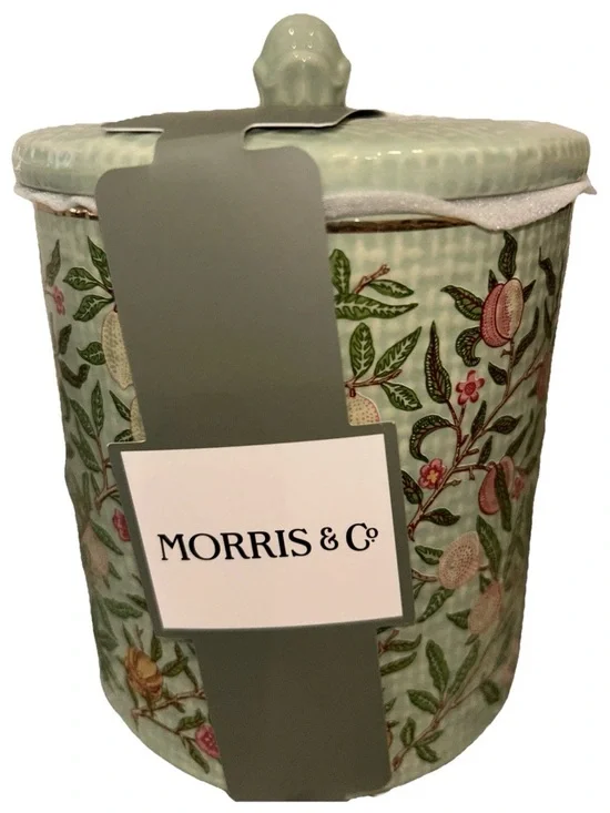 MORRIS & CO. Green Floral Fruit Burlap-Look Ceramic Cotton Jar W/ Lid NEW