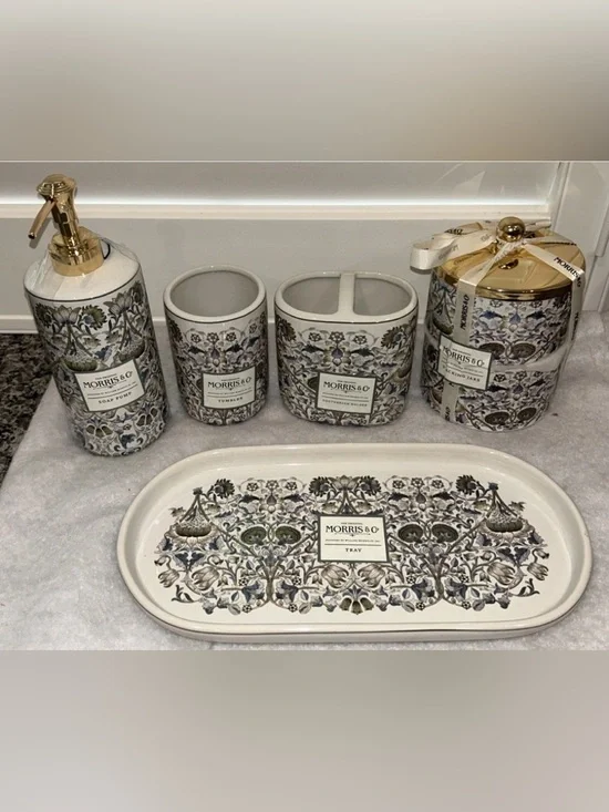 Morris & Co White Ceramic Vanity Set 5 Piece Artichoke Floral Blue *note