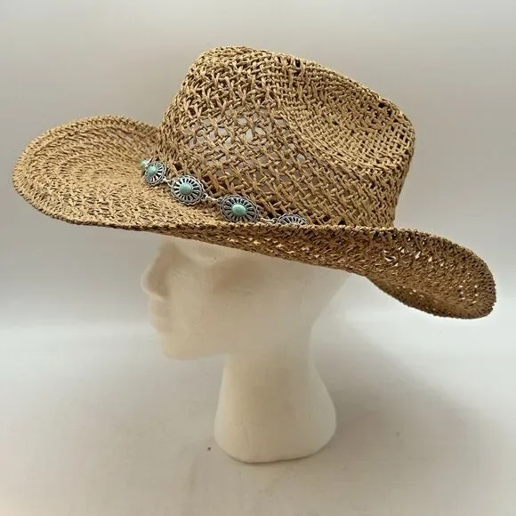 San Diego Hat Company Straw Cowboy Hat Turquoise Conchos Hat Band Wide Brim OSFM