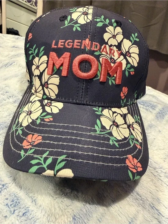 Legendary MOM Floral Baseball Cap - Navy with Cream & Coral Flowers