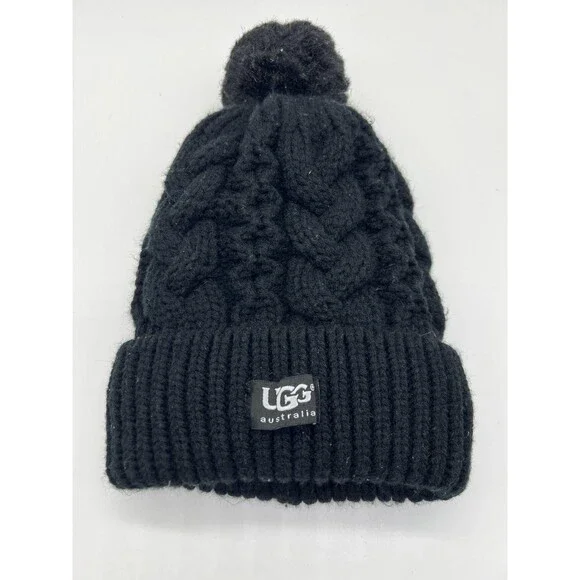 UGG Australia Hat Beanie Womens One Size Black Cable Knit Pom Lined Winter