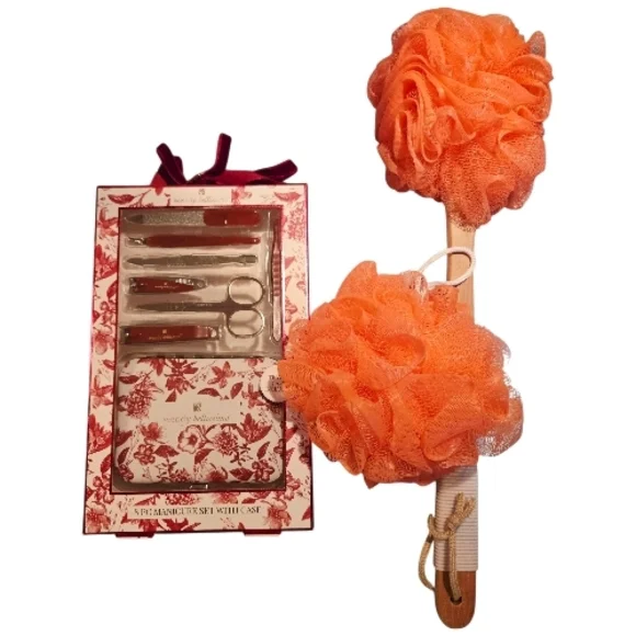 Floral Manicure Set, Long Handle Loofah & Regular Mesh Loofah Bath Bundle NWT