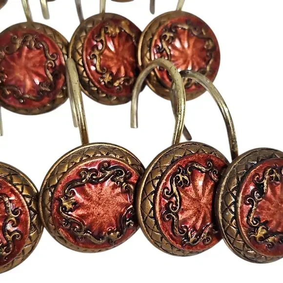 Set of 12 Shower Curtain Hooks Red Gold Ornate Bathroom Decor Whimsy