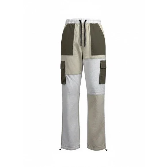 Bershka Colorblock Cargo Pants Mens Small Beige White Patchwork Utility Trousers