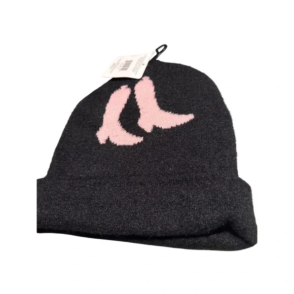 Ladies Black Knit Beanie Pink Cowboy Boot Western Cowgirl One Size NWT