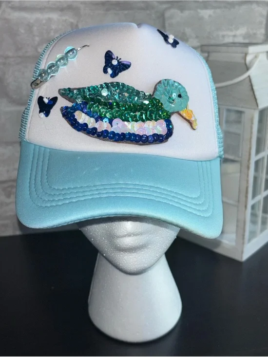 Handmade Sequin Design, Baby Blue, Duck Trucker Hat