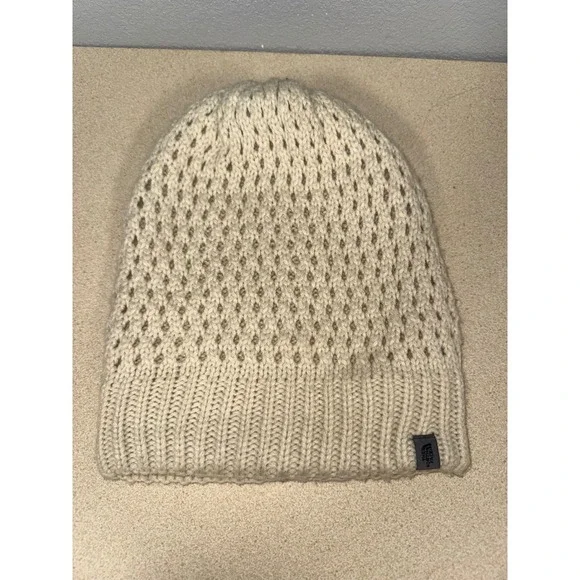 The North Face Womens Knit Beanie Oatmeal Cream Pointelle Ribbed Winter Hat