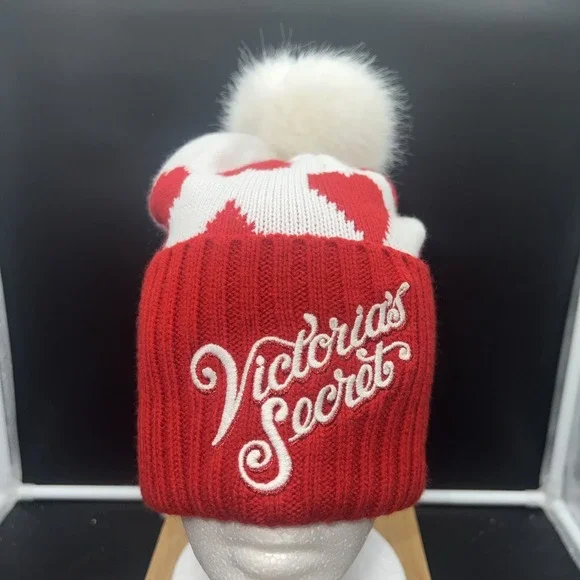 Victoria's Secret Knit Beanie Hat Pom Pom One Size Red White Hearts