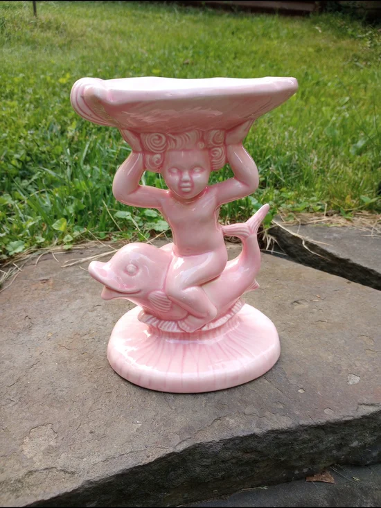 Pink Ceramic Cherub-on-Dolphin Pedestal Bowl