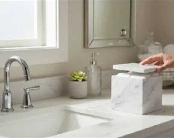 NWT ~ Marmol White & Gray Genuine Marble Bathroom Counter Storage Box with Lid