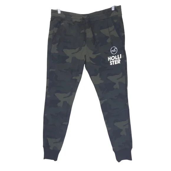 Hollister Camo Fleece Joggers Mens L Sweatpants Green Drawstring Logo Comfy
