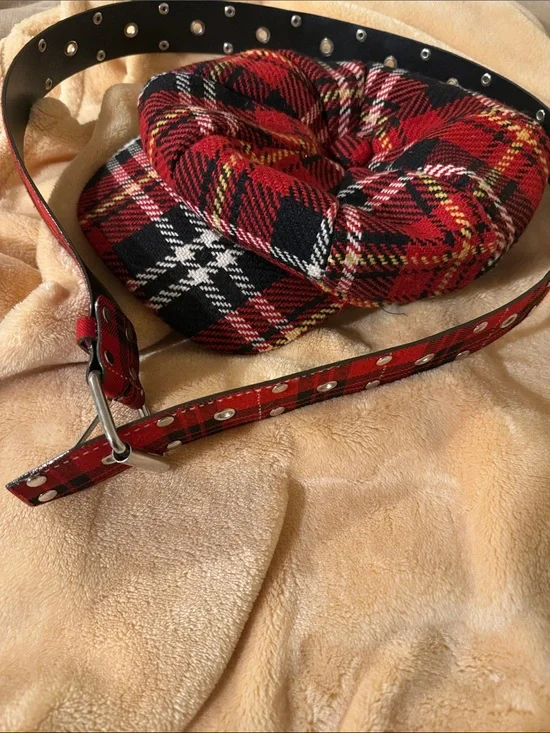 Red Plaid Beret with Matching Red Plaid Belt