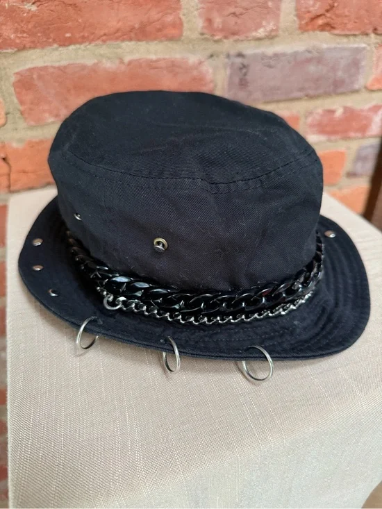 Black Punk Grunge Bucket Hat with Chains and Piercing Rings