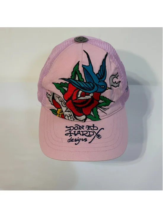 Ed Hardy by Christian Audigier Pink Trucker Hat Bird Rose Tattoo Mesh One Size