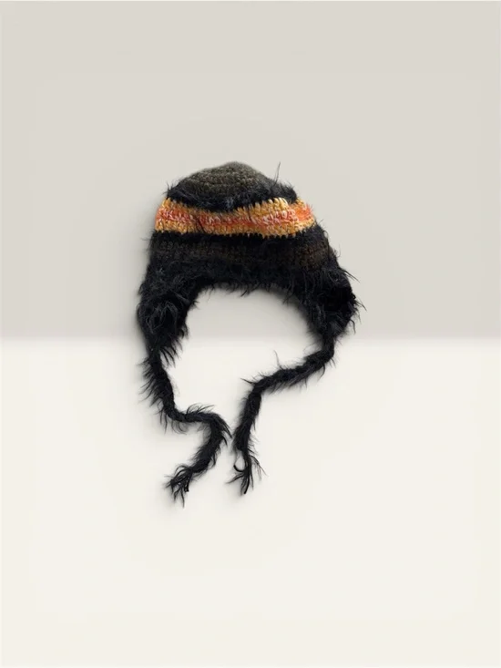Urban outfitters Beanie with Orange Stripe and ties UNISEX