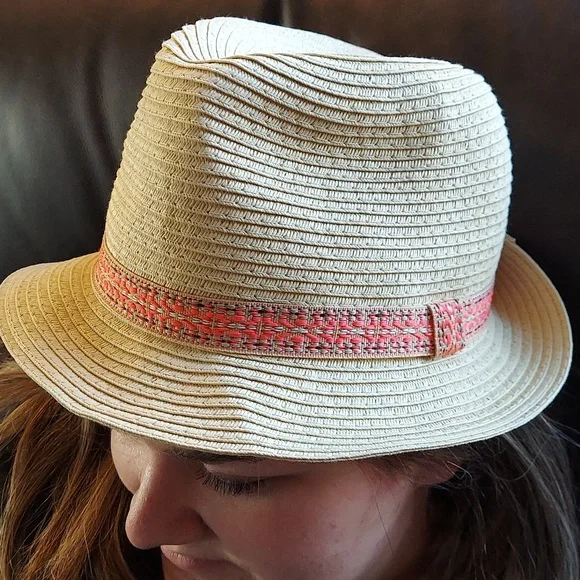 * Fedora Women's Summer Straw Hat Tan with Coral Multi Band, Like New