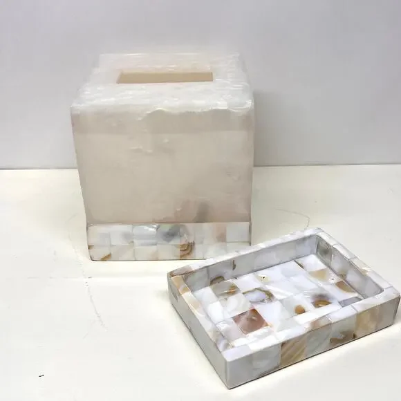 Bed Bath Beyond Capiz Shell Tissue Box Holder Cover and Soap Dish