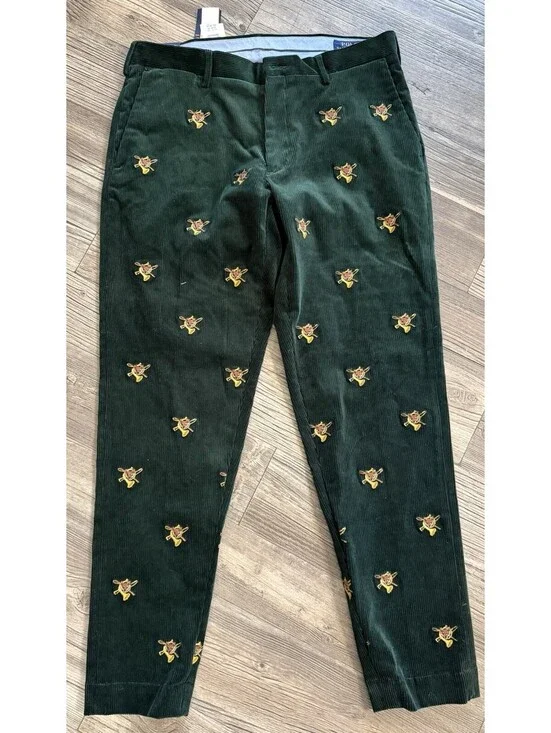 POLO Ralph Lauren Mens 33x30 Green Embroidered Corduroy Pants Fox/French NWT