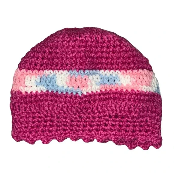 Beanie Hat Women's Pink Crochet Handmade‎ Scalloped Hem One Size NEW