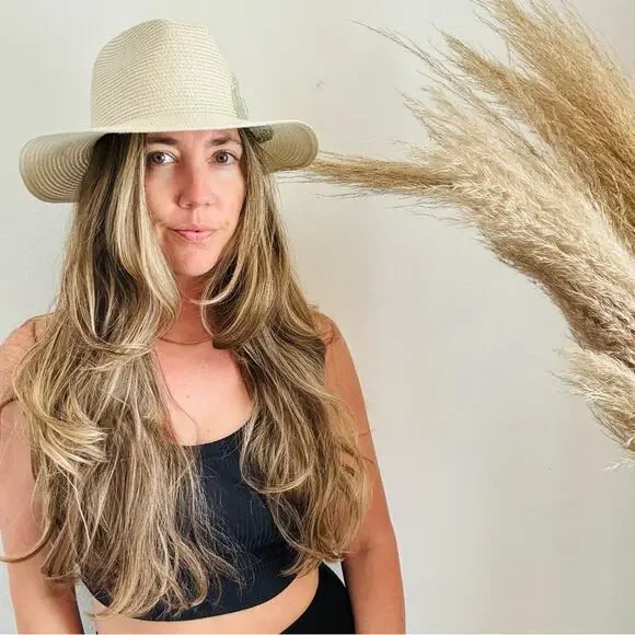 VINTAGE NORDSTROM Cream Tan Straw Wide Visor Brim Green Peacock Fedora Sun Hat