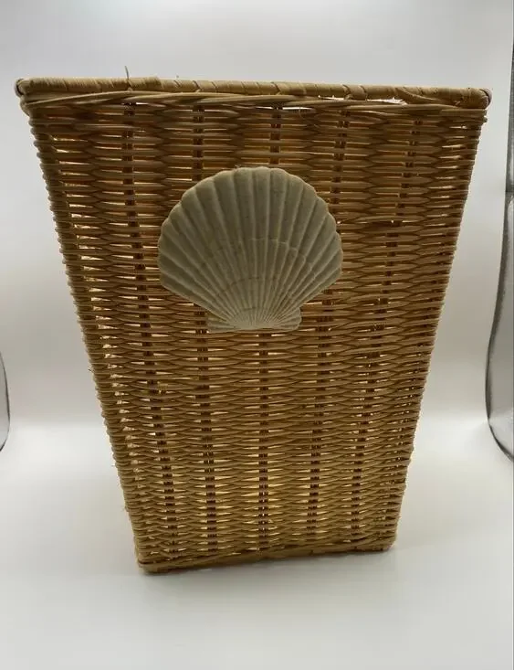 Coastal Wicker Basket with Seashell Accent | Bathroom Storage | Planter Basket