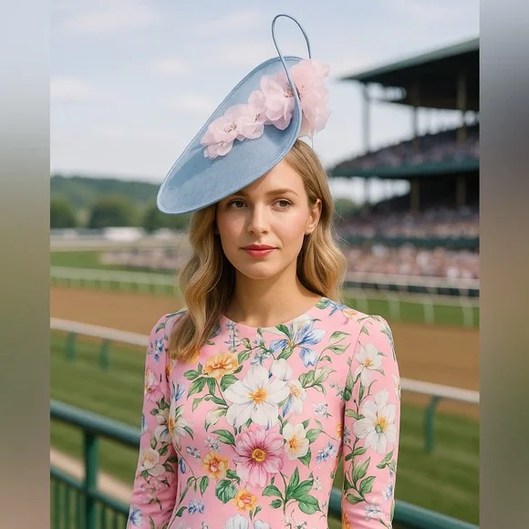 Kentucky Derby Hat Blue Derby Fascinator Hat with Pink Flowers – Race Day Ready