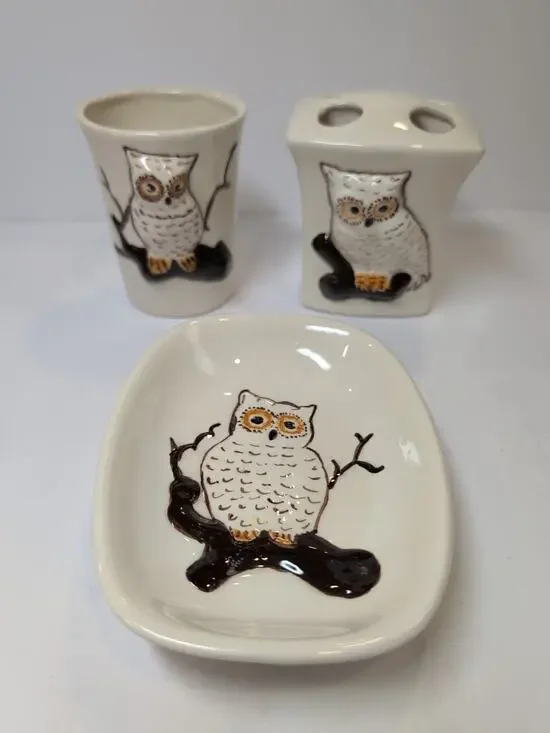 Vintage Ceramic 3D Owl Bathroom Set 1970's Hand painted