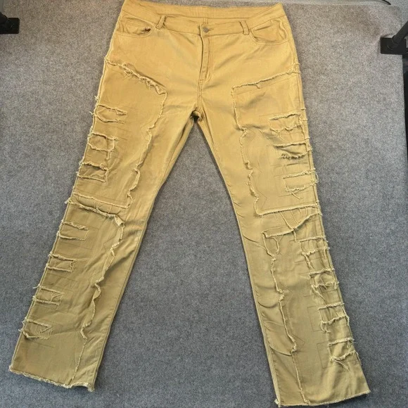 Unbranded Distressed Patchwork Pants 38 Khaki Frayed Streetwear Detail
