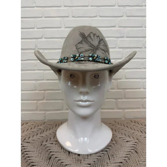 Sun Kissed Fedoras Cowgirl Hat Greige Floral Beaded Trim Medium