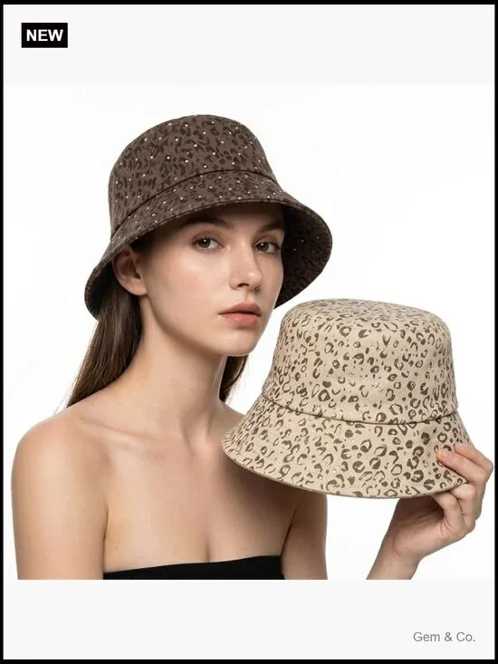 Leopard Print Bucket Hat 2 Pack, Bling Rhinestone Wide Brim Foldable Fisherman
