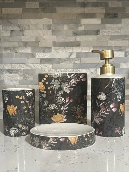 Floral Ceramic Bath Accessory Set in Charcoal - Brand: Kassatex