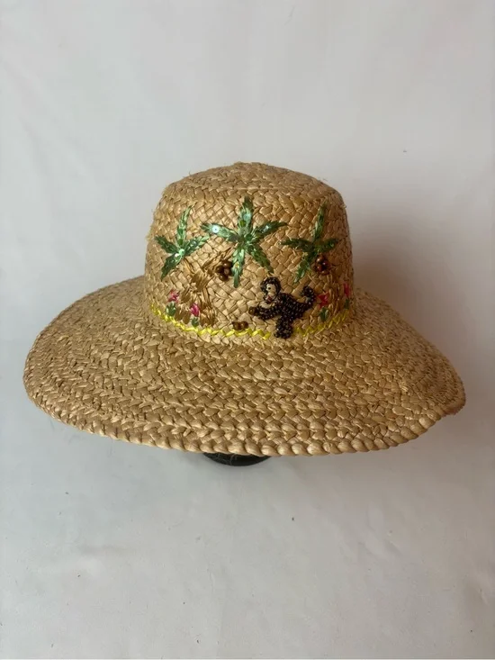 Woven Straw Raffia Sun Hat Beaded Monkey Embroidered Palm Trees Women’s Beach