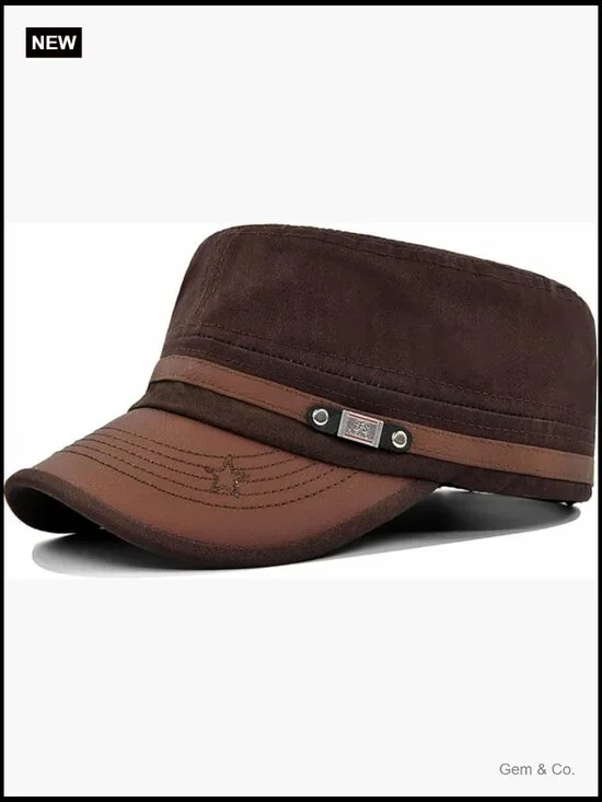 Twill Military Flat Top Cap Adjustable Cotton PU Leather Hat
